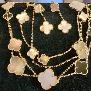 Van Cleef style clover Alhambra Necklace and pierced earring costume jewelry set